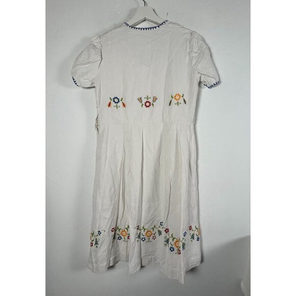 Vintage Womens White Embroidered Floral Cotton Dress V-Neck Short Sleeve - Picture 2 of 10